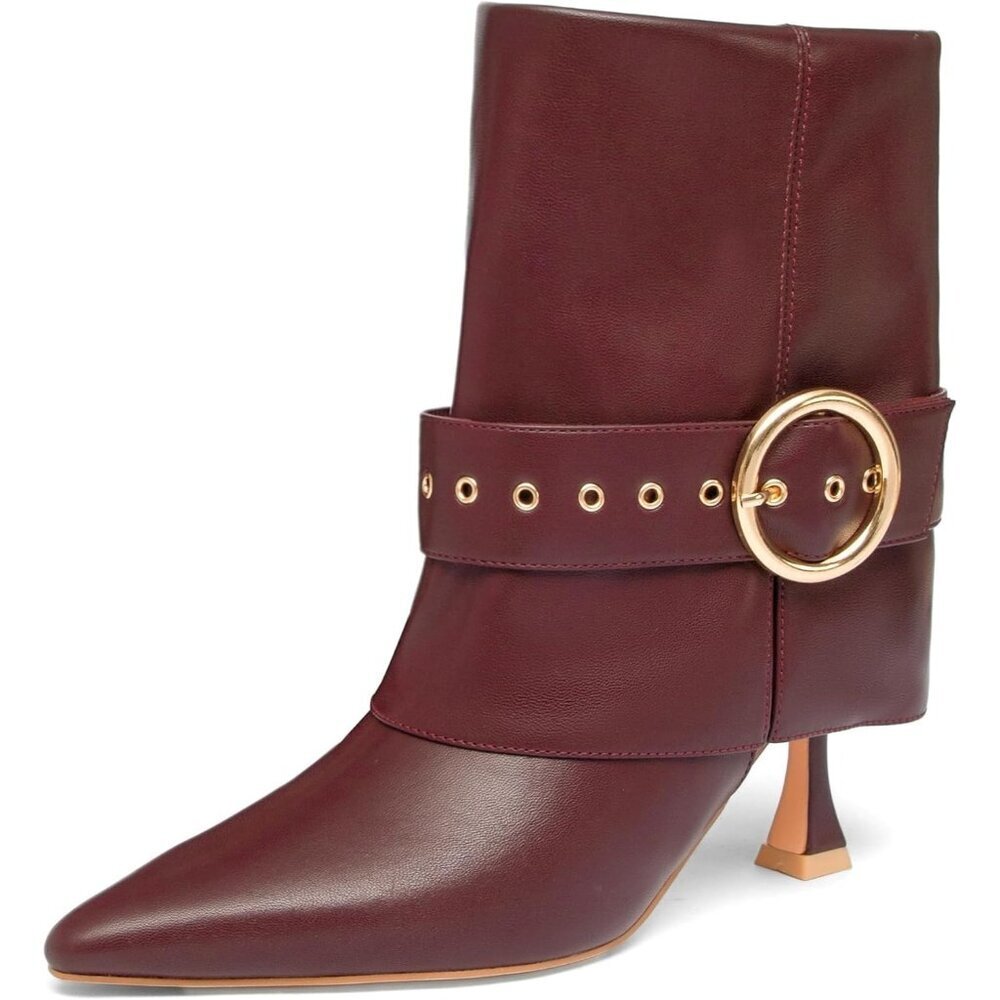 Women's Burgundy Pointed Toe Ankle High Heel Short Boots With Gold Buckle Strap